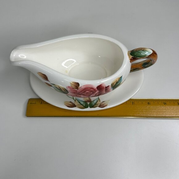 Lefton Americana Rose Pottery Ceramic Gravy Boat With Saucer Rose Floral Design - Picture 11 of 13